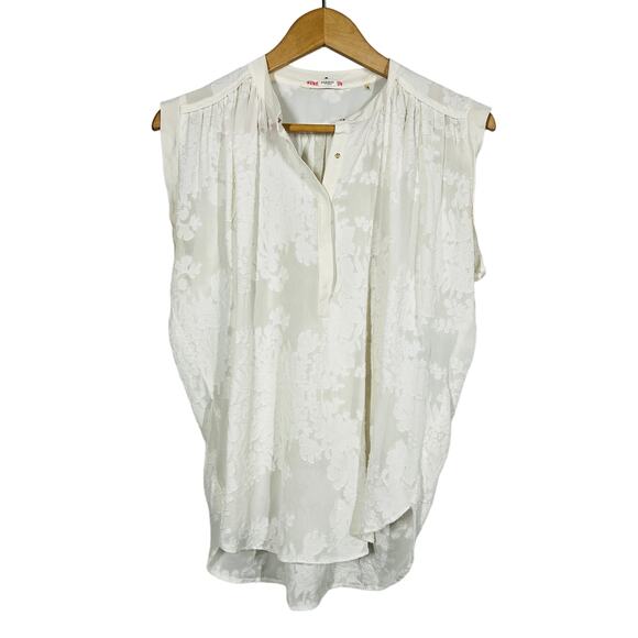 Rebecca Taylor Silk Floral Top V Neck Ivory White Embossed Snap Pleat - 4 - Picture 1 of 6